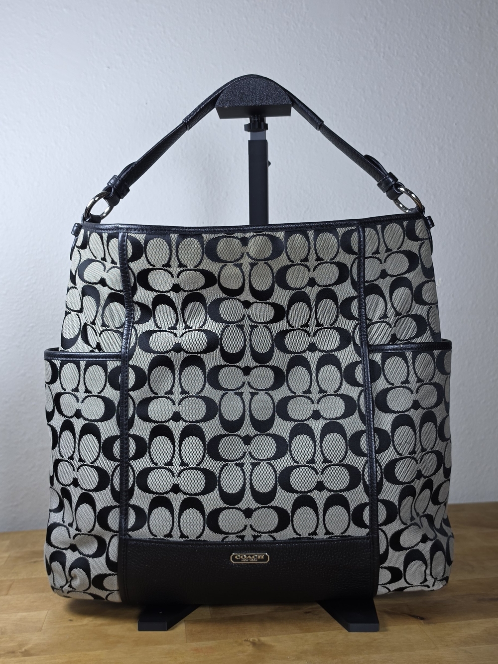 Coach Signature C Black White Large Hobo Tote Shoulder Bag Y2K Leather Trim